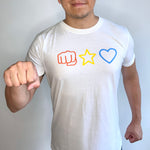 T-shirt model doing fist bump A Brotherhood of Universal Love, fist bump, star and blue heart