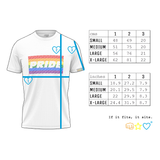 Pride T-shirt size chart centimetres inches