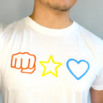 white T-shirt model close-up pecs A Brotherhood of Universal Love, fist bump, star and blue heart