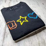 T-shirt pile A Brotherhood of Universal Love, fistbump, star and blue heart