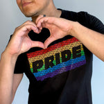 The Pride T-shirt be proud of yourself black version model hands heart A Brotherhood of Universal Love blue heart