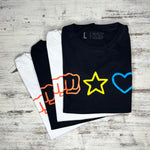 T-shirt arch pile A Brotherhood of Universal Love, fistbump, star and blue heart
