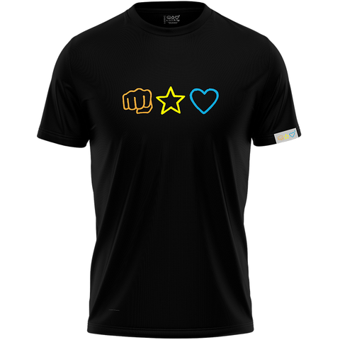 The Signature T-shirt with Fist Bump, Star and Blue Heart, black version a brotherhood of universal love