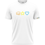 The Signature T-shirt with Fist Bump, Star and Blue Heart, white version a brotherhood of universal love